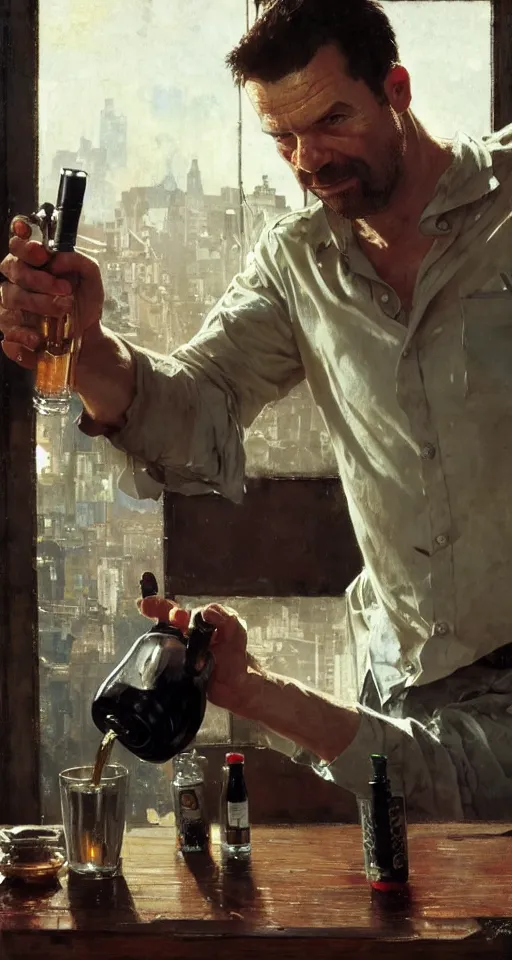 Image similar to close up of max payne pouring a drink, sun shining, photo realistic illustration by greg rutkowski, thomas kindkade, alphonse mucha, loish, norman rockwell.