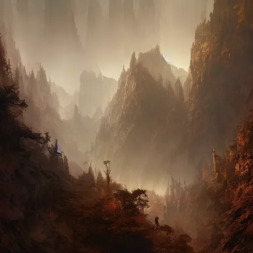 Image similar to forested mountain range with a few deep valleys and lots of caves, mysterious atmospheric lighting, painted, intricate, volumetric lighting, rich deep colours masterpiece, sharp focus, ultra detailed, by ruan jia and greg rutkowski