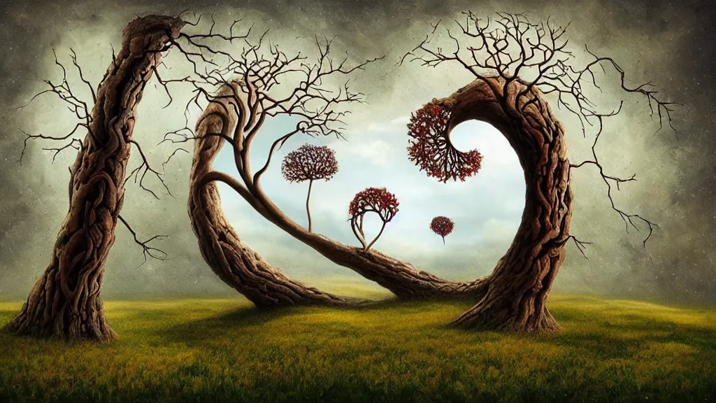 Image similar to surreal landscape, surrealism, trees, fibonacci, heart shape, esao andrews, victor enrich, dali