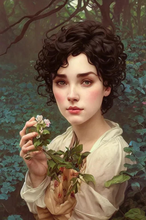 Prompt: beautiful cottagecore of a girl with short black curly hair, round face, cute face. intricate, elegant. highly detailed, digital painting, artstation, concept art, smooth, sharp, focus, illustration. art by artgerm and greg rutkowski alphonse mucha and Marat Safin