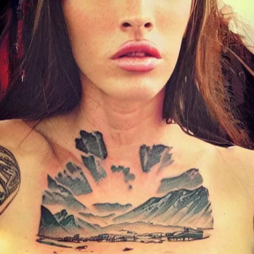 Image similar to megan fox beautiful mountains, double exposure effect, medium sized tattoo sketch, amazing detail, on pinterest
