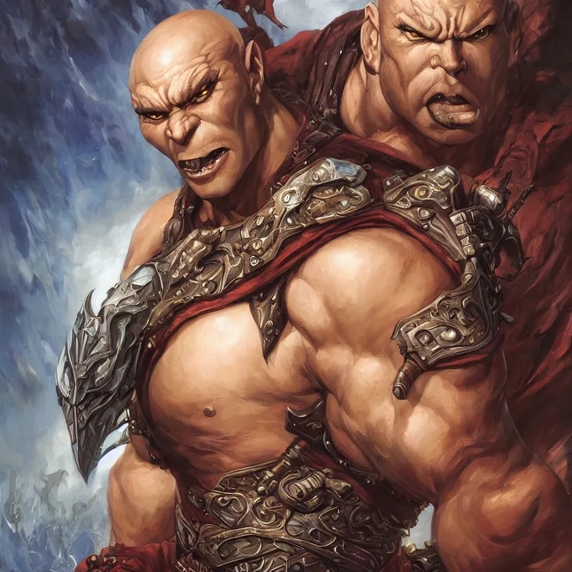 Image similar to a fantasy comic book style portrait painting of a bald half - orc male warrior, art by artgerm, boris vallejo, karol bak, mark brooks, donato giancola, bayard wu, 4 k, hires, focus