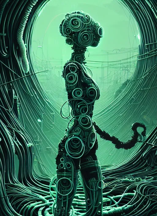 Image similar to highly detailed portrait of a biopunk long curly white hair tribal lady, stray wiring by atey ghailan, james gilleard, by joe fenton, by greg rutkowski, by greg tocchini, by kaethe butcher, 4 k resolution, gradient green, black and white color scheme!!! ( ( green slime robotic dystopian city background ) )