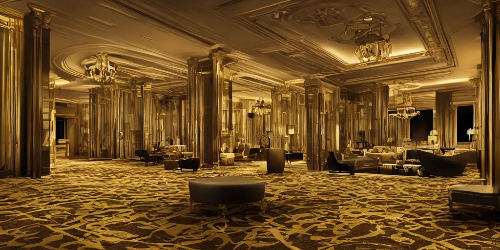 Prompt: inside view of a hotel, gold black color, unreal 5, hyperrealistic, realistic, photorealistic, dynamic lighting, highly detailed, cinematic landscape, studio landscape, studio lighting