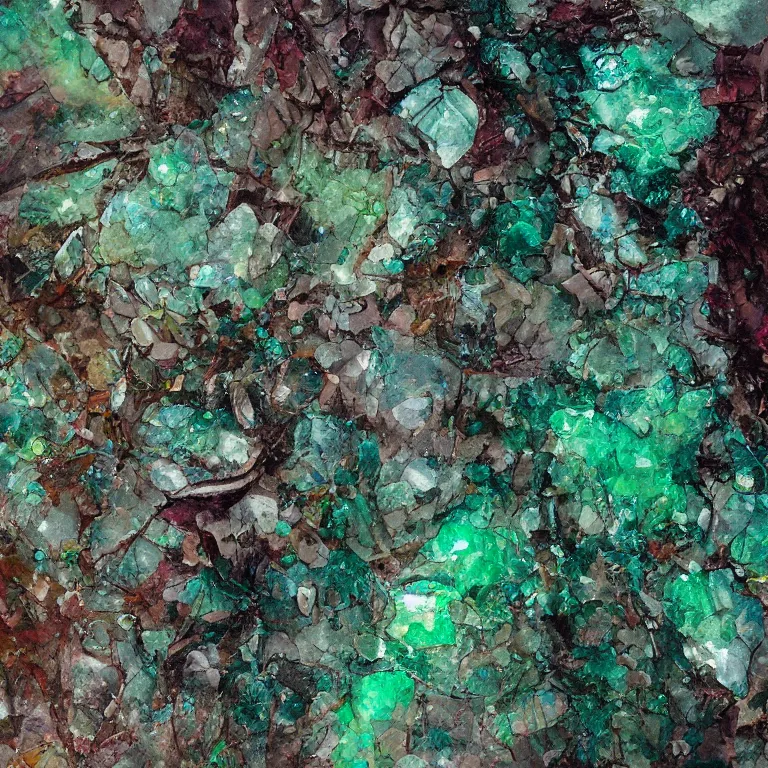 Image similar to big green emerald crystal gems embedded, worn decay texture, intricate concept art painting, fantasy, nature grotesque dark