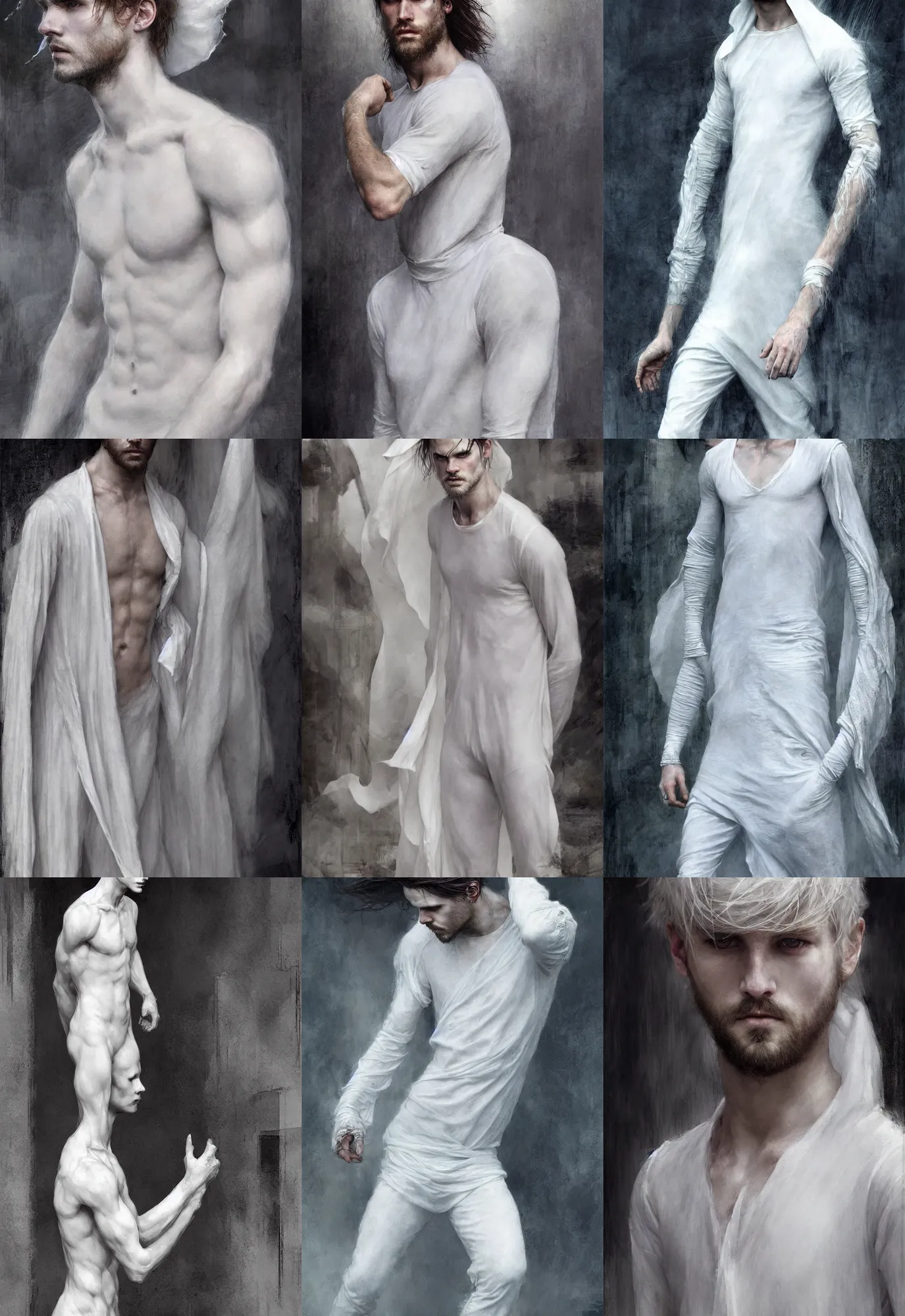 Prompt: a ghost attractive men with white!!!!!! full body. hair quietly watching the living continue their lives. waterhouse. geoffroy thoorens. ultra clear detailed