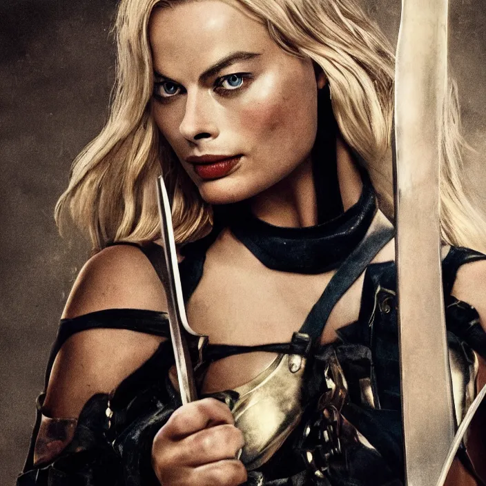 Prompt: margot robbie, sword in her hands. very coherent symmetrical artwork. cinematic, high detail, octane render, 8 k