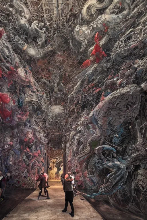 Prompt: people looking at a large graffiti painting in a contemporary museum, dark, intricate, highly detailed, smooth, artstation, digital illustration by yoshitaka Amano and james jean and Artgerm and moebius and Greg Rutkowski and Zdislav Beksinski