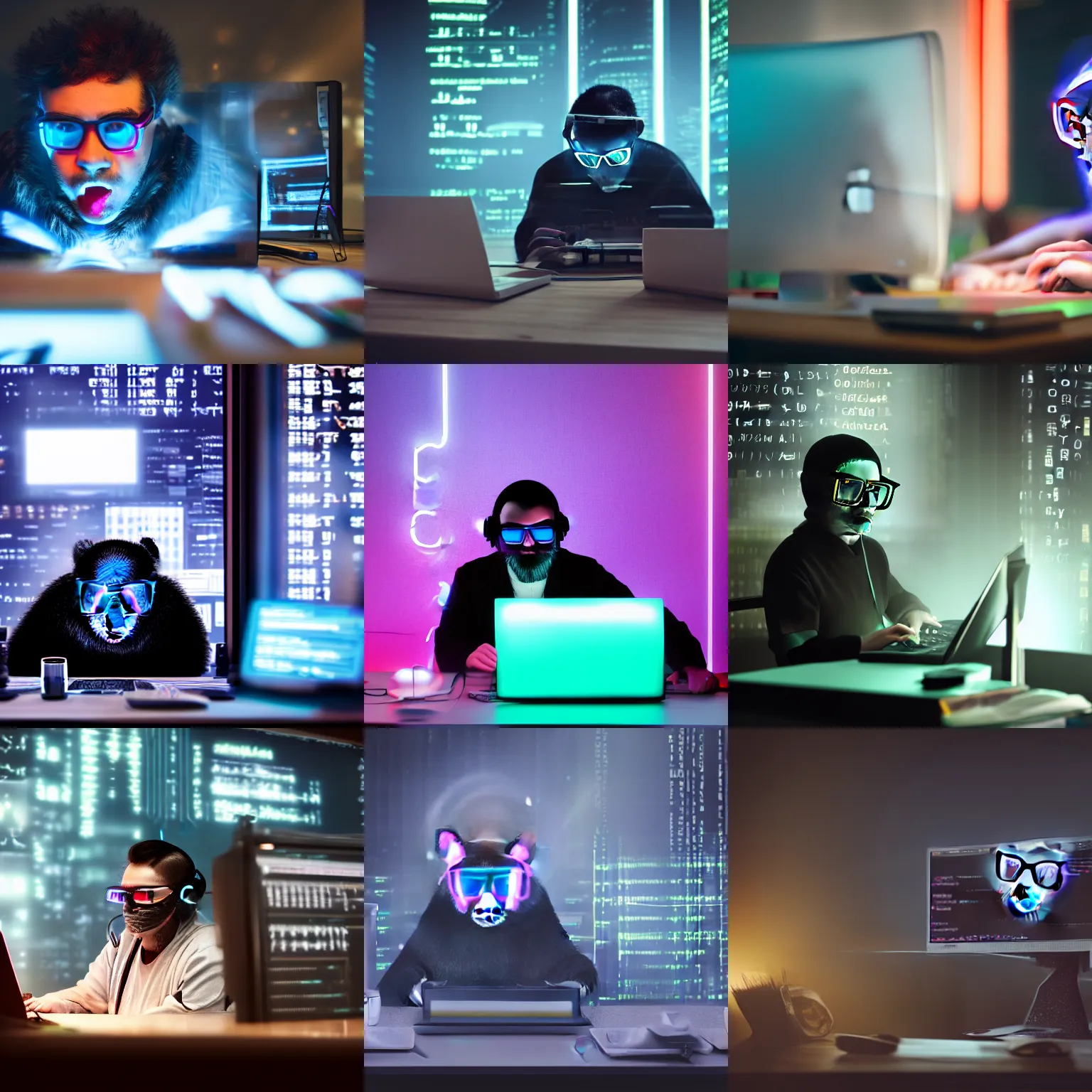 Prompt: a panda wearing metal frame glasses is coding in front of the computer, foggy, Cyberpunk, neon light, 4k, hd, highly detailed