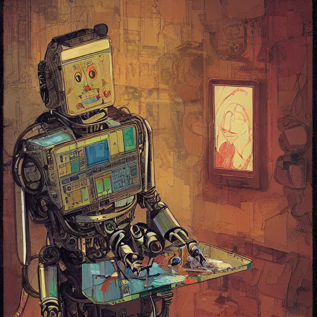 Image similar to robot artist painting a self - portrait on a canvas. intricate, highly detailed, digital matte painting, in the style of alexandros pyromallis, and in the style of sachin teng, and in the style of hans thoma, and in the style of william andrew loomis. irony, recursion, inspiration.