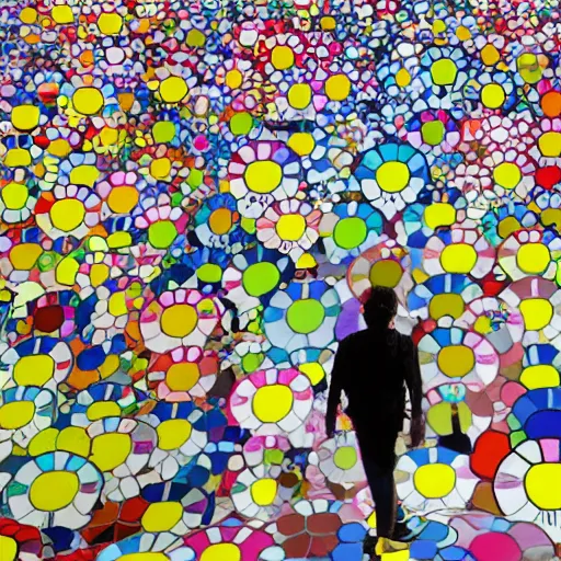 Image similar to man walking across bridge, bright colors, Takashi Murakami, Minimalist,