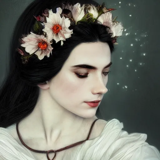 Prompt: side portrait of a beautiful witch, black hair, flower crown, white cloak, headshot, hyper realistic, pale skin, 4k, rule of thirds, beautiful eyes, extreme detail, detailed drawing, trending artstation, hd, fantasy, D&D, realistic lighting, by Alphonse Mucha, Greg Rutkowski, sharp focus, backlit, elegant