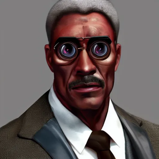 Image similar to a portrait of a muscular older black man with cornrows and a suit with a monocle on, D&D, sci-fi, elegant, hopeful, muscular, highly detailed, digital painting, artstation, concept art, smooth, sharp focus, illustration