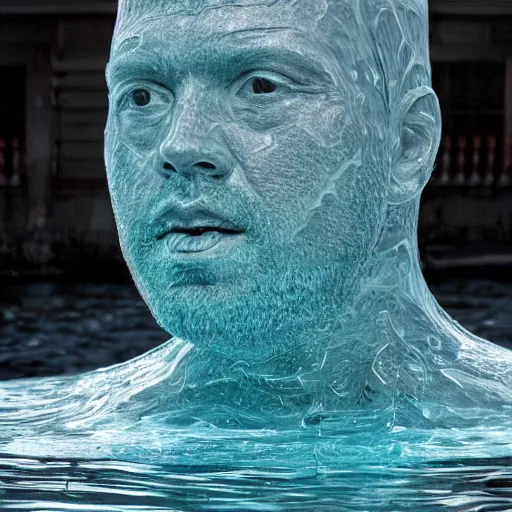 Image similar to a giant sculpture made out of water of a human head, on the ocean water, cinematic, in the style of johnson tsang, long shot, hyper detailed, hyper realistic, ray tracing, 8 k resolution, sharp focus, realistic water, award winning