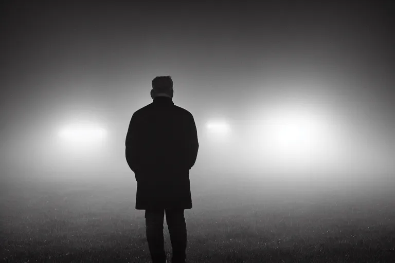 Image similar to a cinematic headshot portrait of an emotional middle aged male stood in a fog filled field, a cars headlights shines in the distance, perfectly lit face, ultra realistic, depth, beautiful lighting