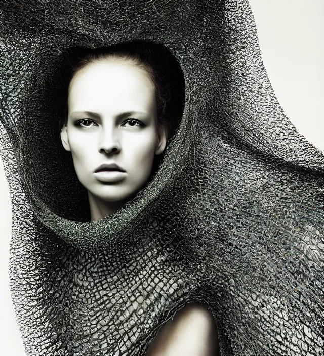 Image similar to photography face portrait of one female fashion model in rainforest, wearing one organic futurist shawl designed by iris van herpen,, creative colorfull - makeup, curly hair style half _ long, photography by paolo roversi nick knight, helmut newton, avedon, and araki, sky forest background, natural pose, highly detailed, skin grain detail