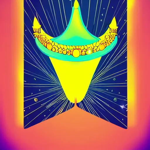 Prompt: a glowing crown sitting on a table with one beautiful eye mounted on it like a jewel, night time, vast cosmos, fractal light rays, bold black lines, flat colors, minimal psychedelic 1 9 7 0 s poster illustration