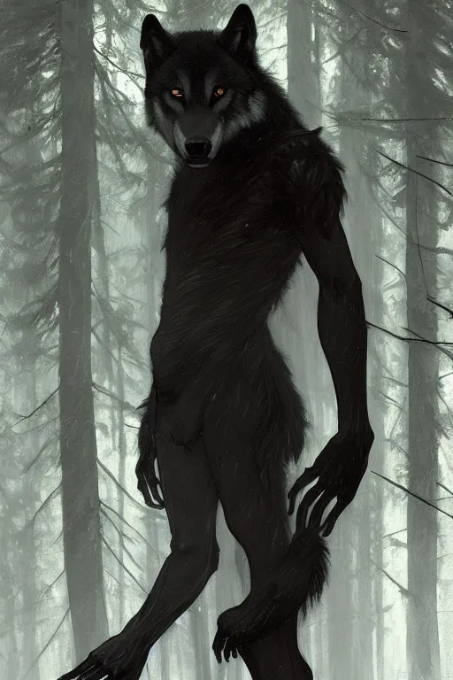 Image similar to full figure beautiful young fit antrophomorphic male wolf, bared teeth and long claws, dark scene, by greg rutkowski and alphonse mucha, d & d character, gradient black to silver, in a forest at night, highly detailed portrait, digital painting, artstation, concept art, smooth, sharp focus illustration, artstation hq