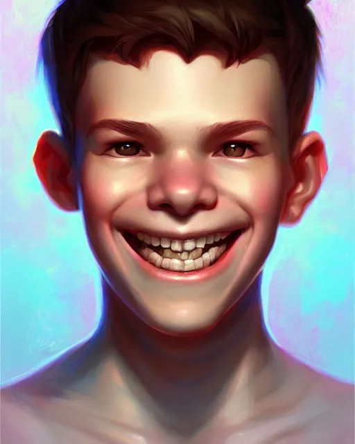 Image similar to digital art, fantasy portrait of a boy with a large smile, by James Jean and by artgerm, by ross tran , ultradetailed, charachter design, concept art, trending on artstation,