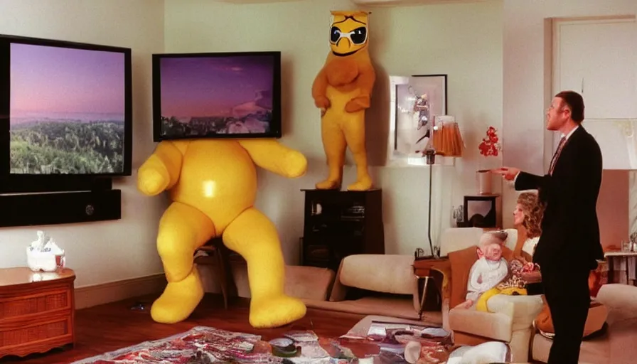 Prompt: 1990s candid 35mm photo of a beautiful day in the living room, cinematic lighting, cinematic look, golden hour, a very large, oversized magical salesman mascot is hanging out of the TV and trying to sell the family a car, salesman mascot is a very large giant, there is an expensive sports car in the living room, portal energy is coming out of the TV, UHD