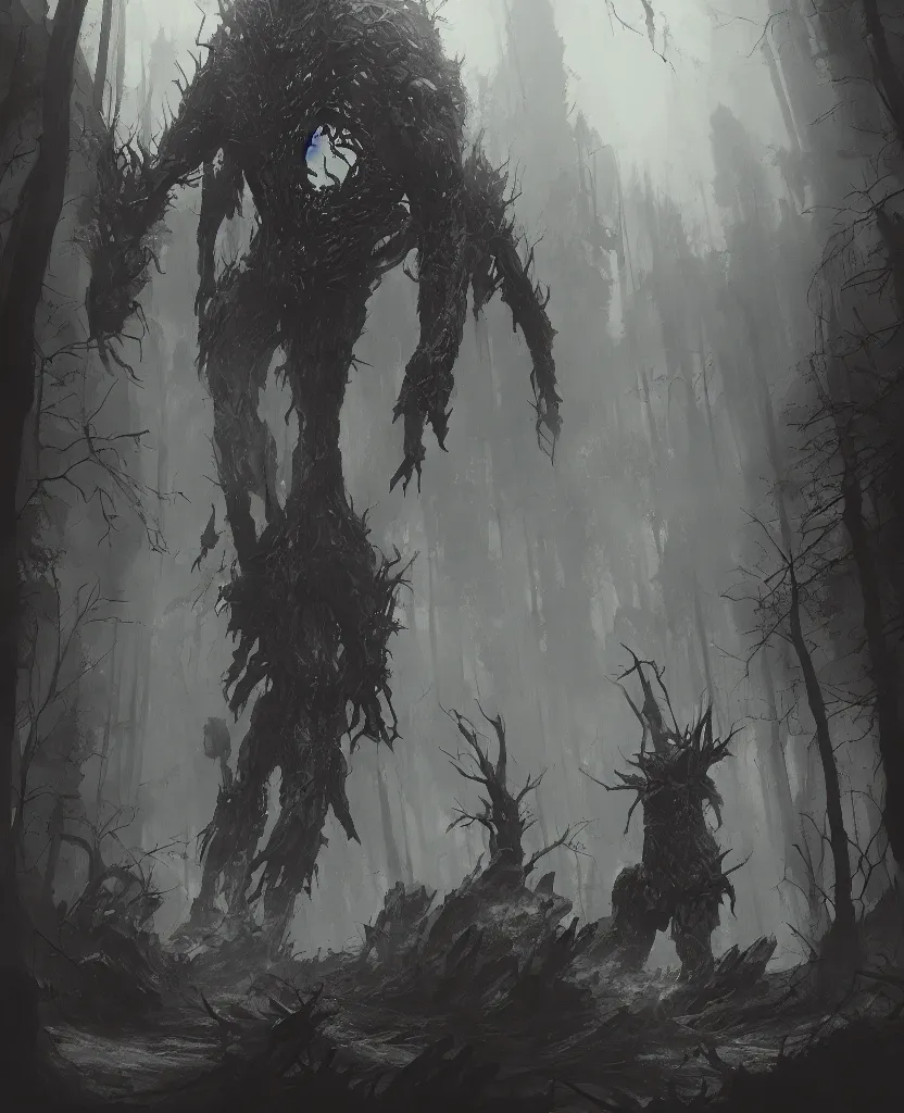 Image similar to one giant monster made of black smoke in the middle of a forest, concept art by max svabinsky, cgsociety contest winner, altermodern, concept art, apocalypse art, artstation hq