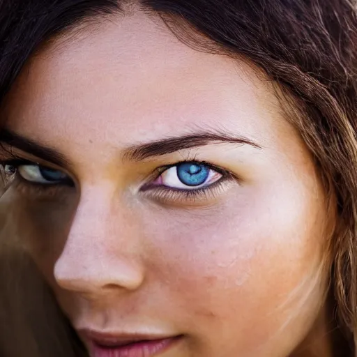 Image similar to a portrait of a beautiful woman relax on the beach, symmetrical face, beautiful eyes