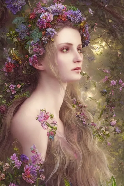 Image similar to a portrait of a beautiful elvish goddess with beautiful flowers composition in her hairs, hairs shining , fairy-like , 8k, highly detailed, sharp focus, ethereal clothes, astral environment, in style of Anna Dittmann and Mark Arial and Artgerm and Gerald Brom