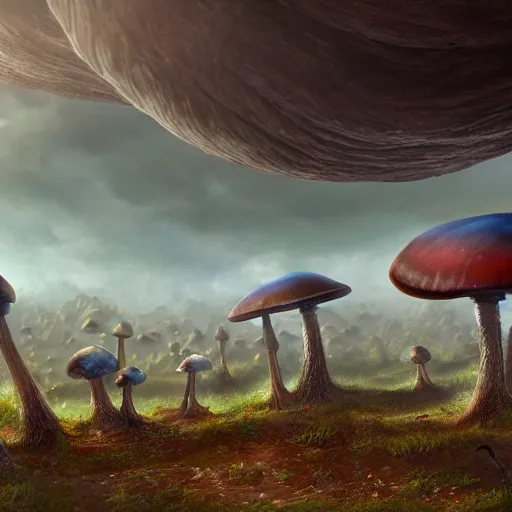 Image similar to scientists take their first steps on a strange alien planet full of mushrooms and other complex fungi, 8 k resolution matte painting trending on artstation