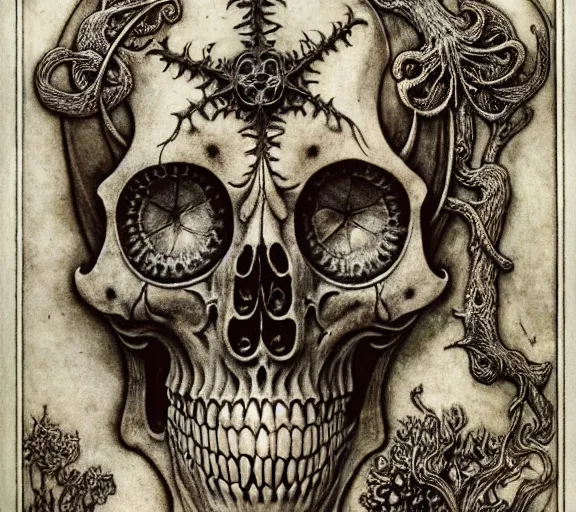 Image similar to memento mori by arthur rackham, art forms of nature by ernst haeckel, exquisitely detailed, art nouveau, gothic, ornately carved beautiful skull dominant, intricately carved antique bone, art nouveau botanicals, ornamental bone carvings, art forms of nature by ernst haeckel, horizontal symmetry, arthur rackham, ernst haeckel, symbolist, visionary