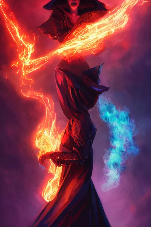 Image similar to A beautiful dark magician women wearing a large witches hat covered in colorful flames by Greg Rutkowski, Sung Choi, Mitchell Mohrhauser, Maciej Kuciara, Johnson Ting, Maxim Verehin, Peter Konig, mythical, 8k photorealistic, cinematic lighting, HD, high details, atmospheric,