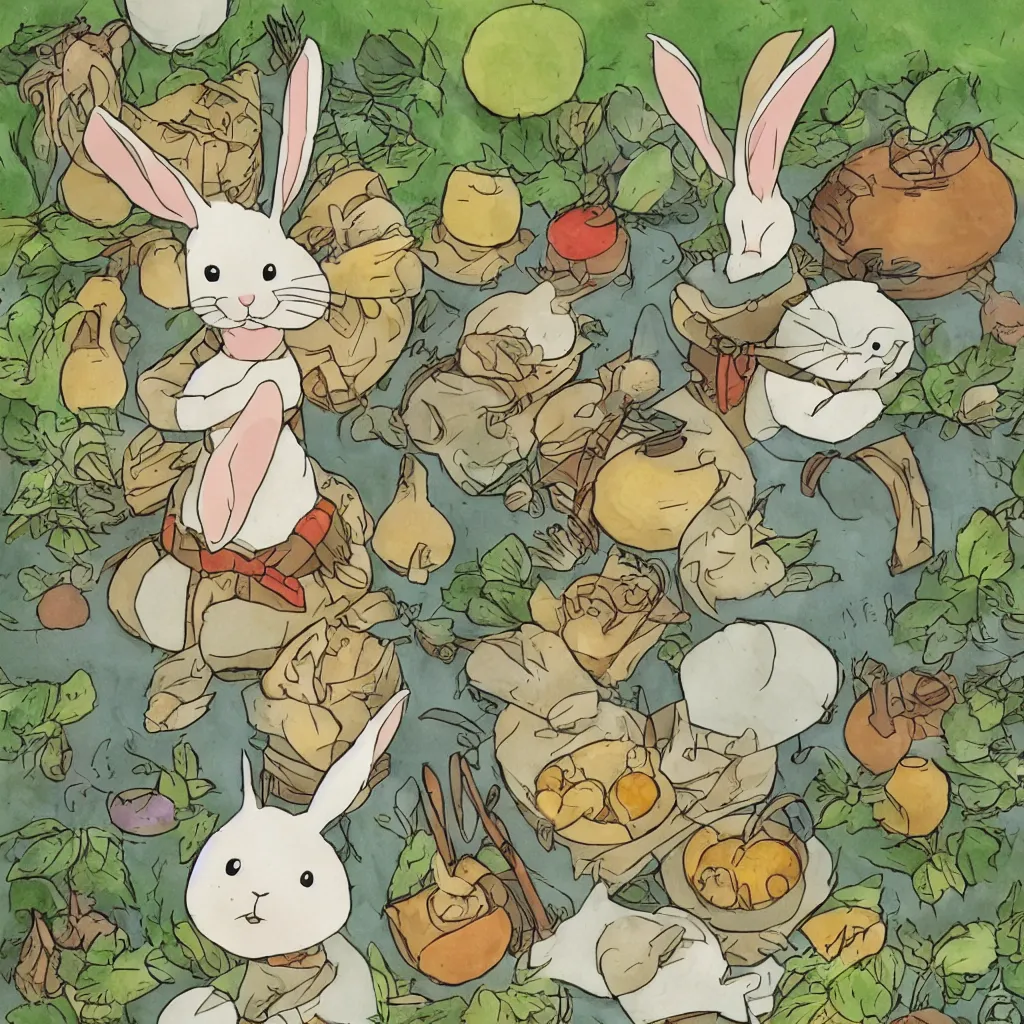 Image similar to a rabbit cooking in the style of studio ghibli