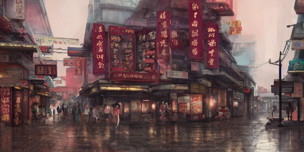 Prompt: an old cinema at a quiet petaling street in chinatown, kuala lumpur, rainy day, matte painting, studio ghibli, artstation