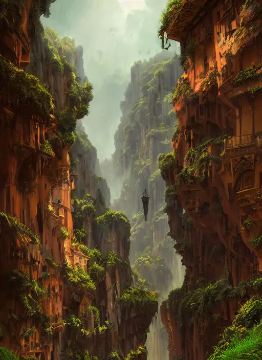 Image similar to medieval city built on terraces in a gigantic canyon, lots of buildings connected by hanging bridges, waterfalls, glow coming from amber veins in the ground, lush vegetation, pitchblack sky, extremly detailed digital painting, in the style andreas rocha and greg rutkowski, rim light, beautiful lighting, 8 k, stunning scene, octane, trending on artstation