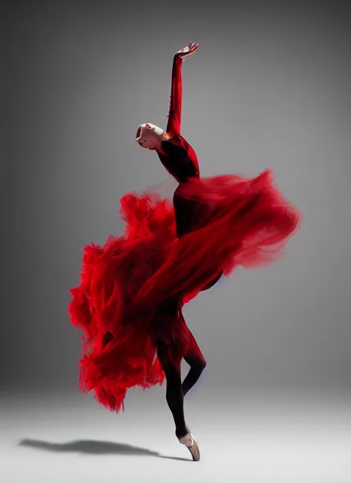 Prompt: a Photorealistic dramatic hyperrealistic render of a glamorous beautiful ballroom smoke dancers by Ken Brower and Deborah Ory of NYC Dance project,Lois Greenfield,Flowing cloth and smoke,Female wearing Red and Male wearing black,Beautiful dynamic dramatic dark moody lighting,volumetric,shadows,cinematic atmosphere,Octane render,8K