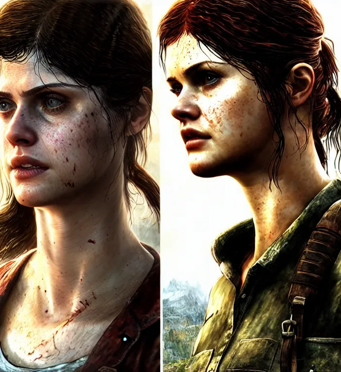 Image similar to alexandra daddario as ellie from last of us 2, nikolaj coster - waldau as joel from last of us 2, realistic, sharp focus, hdr, 8 k, high definition, insanely detailed, intricate, elegant, art by stanley lau and artgerm, luis royo, greg kutkowski