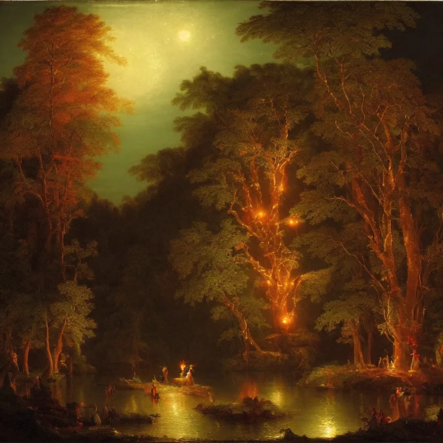 Prompt: a night carnival around a magical tree cavity with a rounded scenario with many fireworks and christmas lights, with a surreal orange moonlight, next to a lake with iridiscent water, volumetric lightning, folklore people disguised as fantastic creatures in a magical forest by summer night, masterpiece painted by thomas cole, scene by night, dark night environment, refraction lights, glares