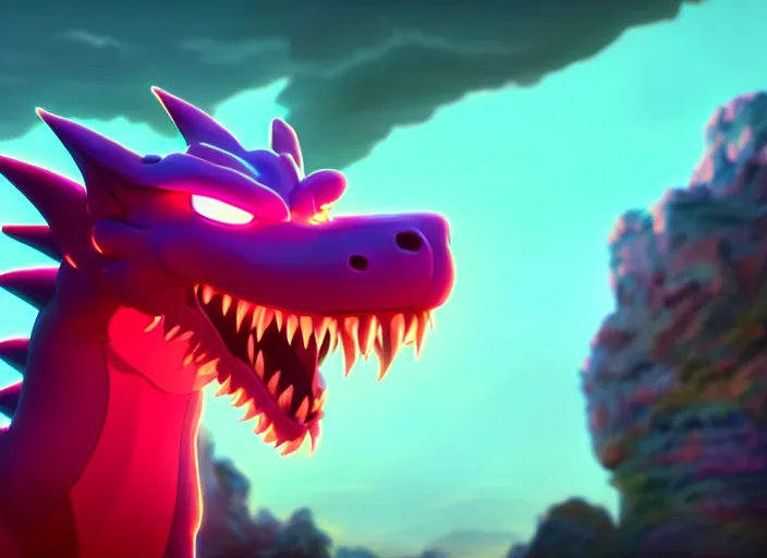 Prompt: a wholesome animation key shot of a neon dragon, close up, studio ghibli, pixar and disney animation, sharp, rendered in unreal engine 5, clear sky, anime key art by greg rutkowski, bloom, dramatic lighting