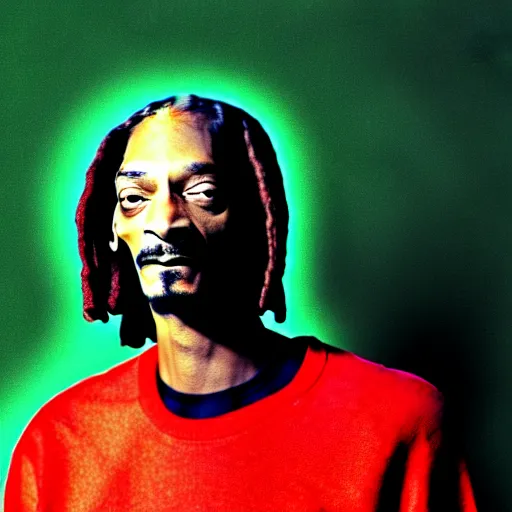 Image similar to Snoop Dog with big eyes eye color red , smiling and holding a joint in his hand