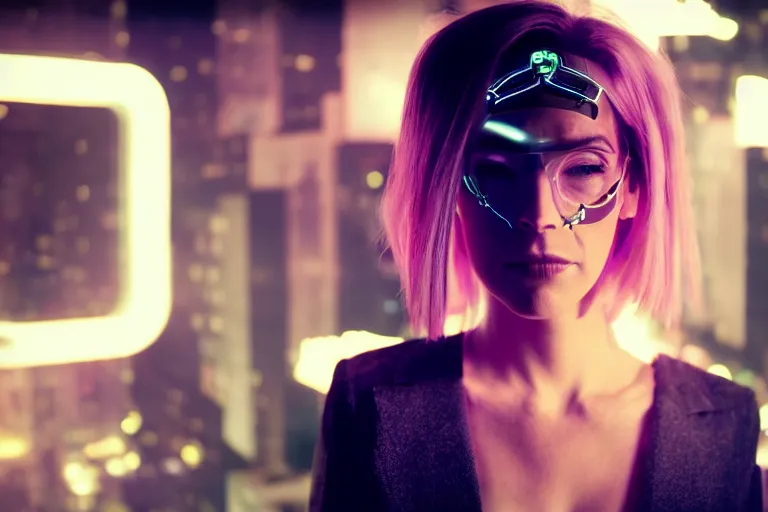 Image similar to cinematography closeup portrait of a cyborg business woman in a cyberpunk apartment, neon lighting, night, by Emmanuel Lubezki