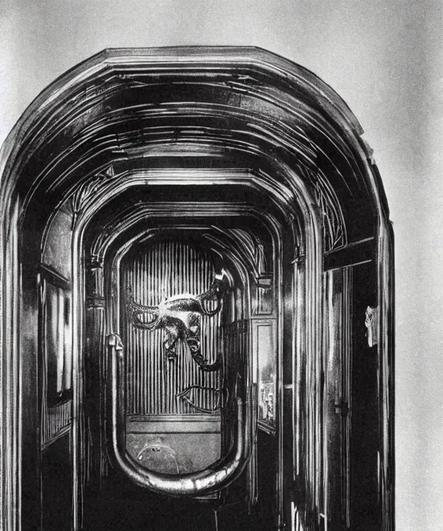 Prompt: horrifying full color photorealistic image of a 1 9 2 5 hotel elevator lobby, elevator doors look like a mouth, with a tentacle - shaped tongue, licking out, dark, atmospheric, brooding, smooth, finely detailed, cinematic, epic, in the style of lee gibbons