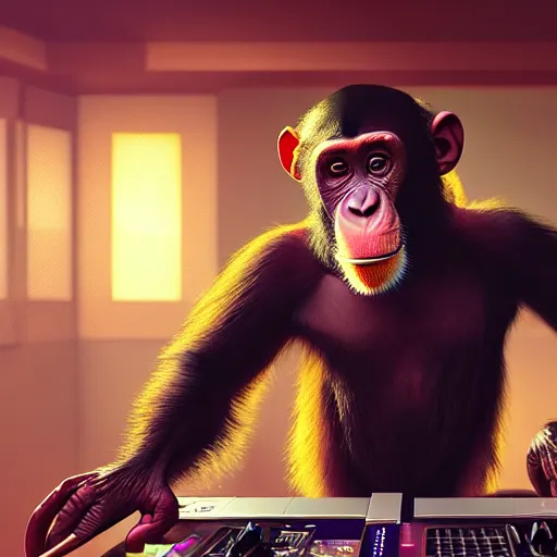 Image similar to a chimp dj in nightclub, people dancing in background, anatomy, bathed in light, highly detailed, photorealistic, artstation, smooth, sharp focus, illustration, unreal engine 5, 8 k, art by artgerm and greg rutkowski and edgar maxence