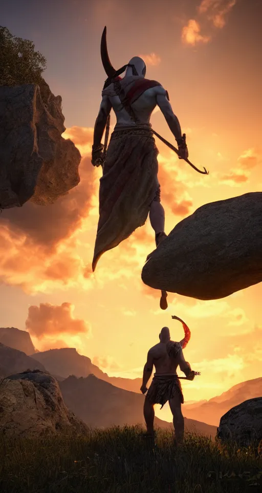 Prompt: a lonely god of war standing tall on a hill, photorealism, sunset, greek mythology