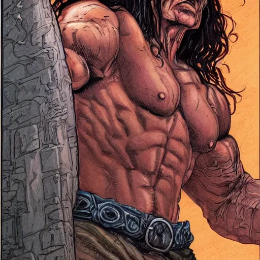 Prompt: precisely drawn illustration of Conan blended with Bruce Willis, wide angle, sharp, fine details, French comic style, vibrant realistic colors, full color, heroic fantasy, intense line art, 8k, precise linework, realistic, in the style of Heavy Metal Comics and Richard Corben and Moebius