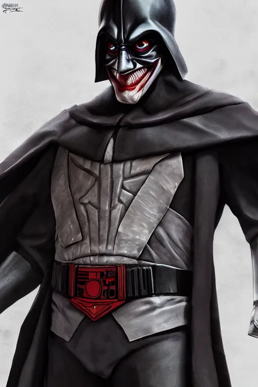 Image similar to Joker wearing vader's armor suit, cosplay, full character, artstation, highly detailed, highly realistic