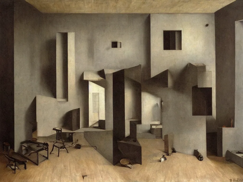 Image similar to Brutalist interior of an crazy imaginative sculptor studio. Painting by Vilhelm Hammershoi, Rene Magritte, Caravaggio