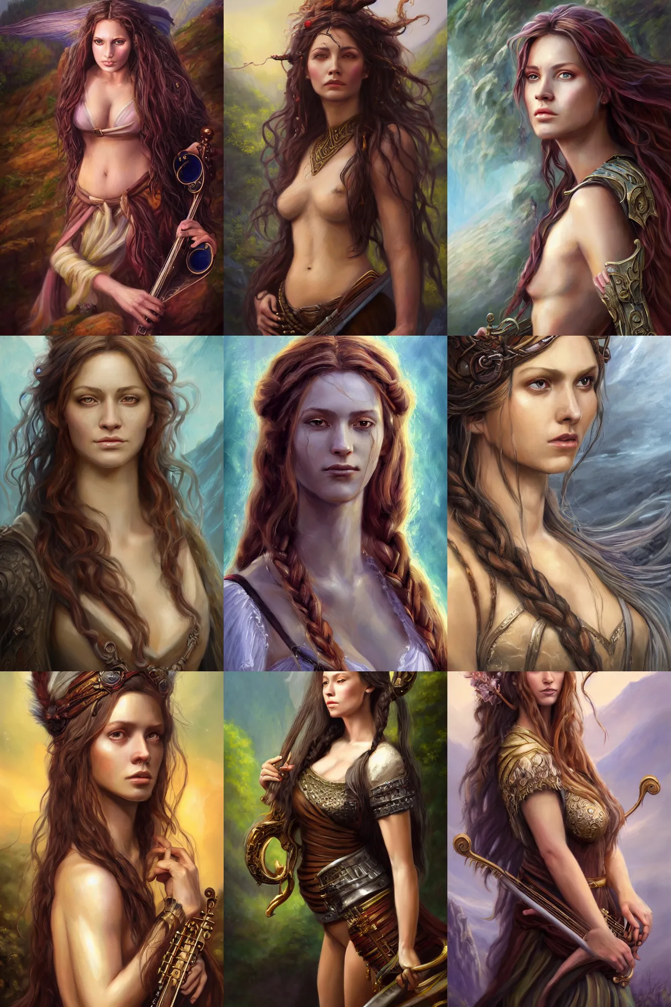 Prompt: a full body high detail fantasy portrait oil painting illustration of a single beautiful female bard by justin sweet with face and body clearly visible, flowing hair, high cheekbones, in a scenic background, pretty eyes, realistic proportions, d & d, rpg, forgotten realms, artstation trending, high quality, sombre mood, artstation trending, muted colours, entire person visible!