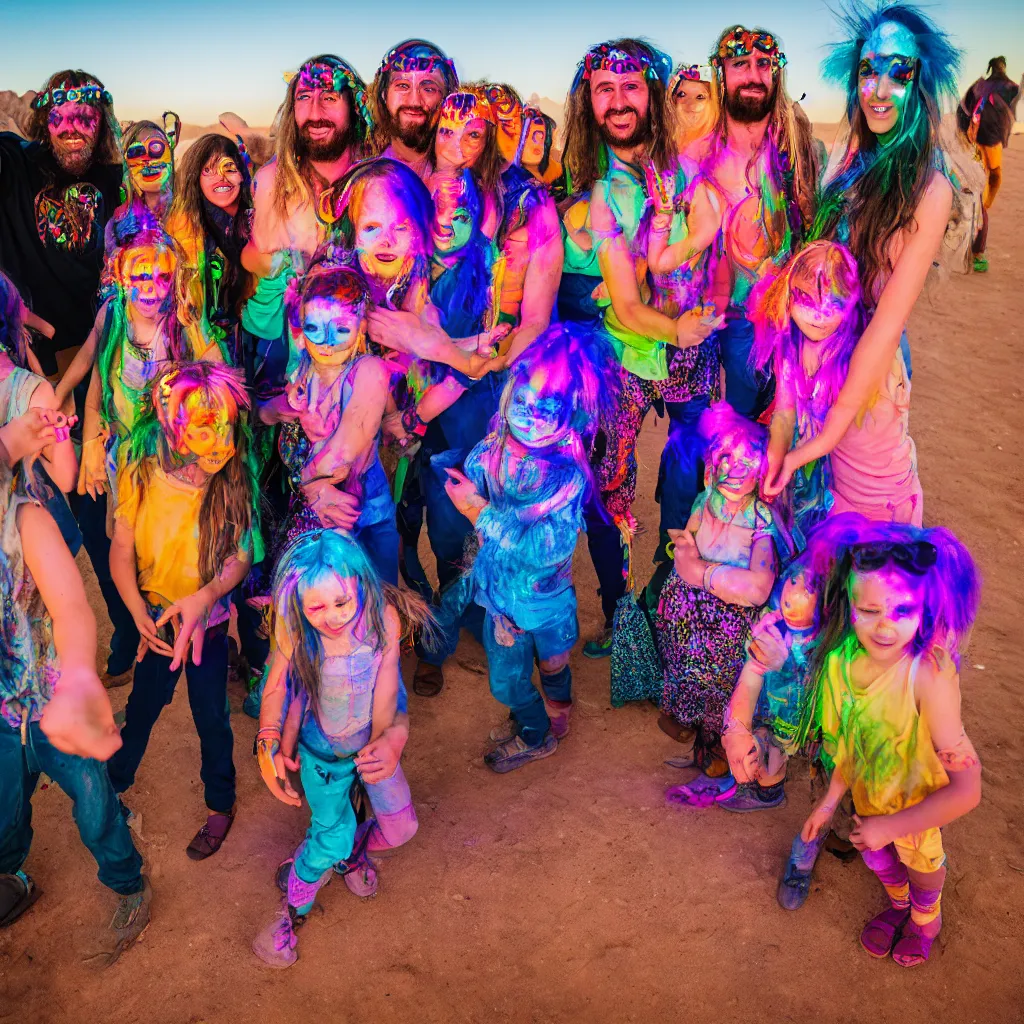 Prompt: family hippy rave in the desert, XF IQ4, 150MP, 50mm, F1.4, ISO 200, 1/160s, dawn