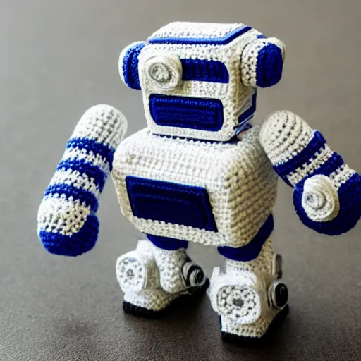 Prompt: a crochet mecha robot, Sigma 50 mm f/1.4