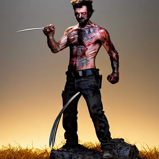 Image similar to wolverine, the walking dead zombie, full body shot, butcher by yousuf karsh, golden hour, realistic, body shot, sharp focus, 8 k high definition, insanely detailed, intricate, elegant