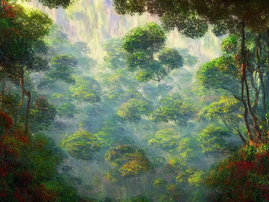 Prompt: a huge rainforest with rainbow trees, artstation, in the style of assassin's creed, by claude monet, colorful, light, polygonal, metal, rusty, highly detailed art